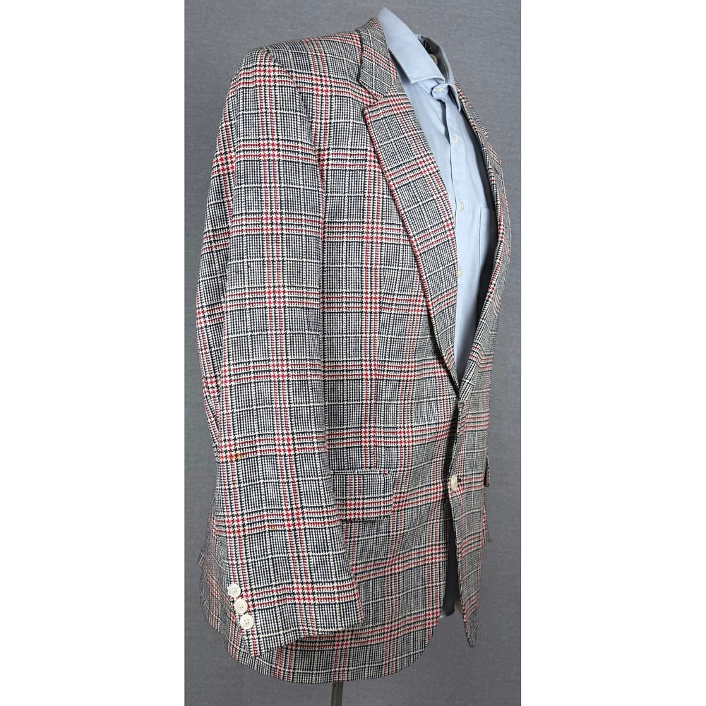 Vintage Bespoke 100% Pure Silk Glen Plaid Blazer Sport Coat Grey Red 44R